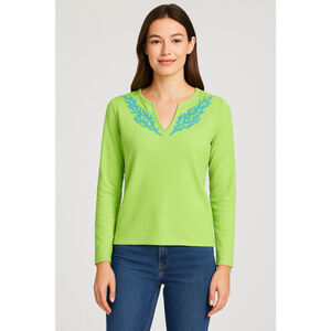 J.McLaughlin Women’s Beaded V-Neck Long Sleeve Top Size S Lime Green Coral Desig